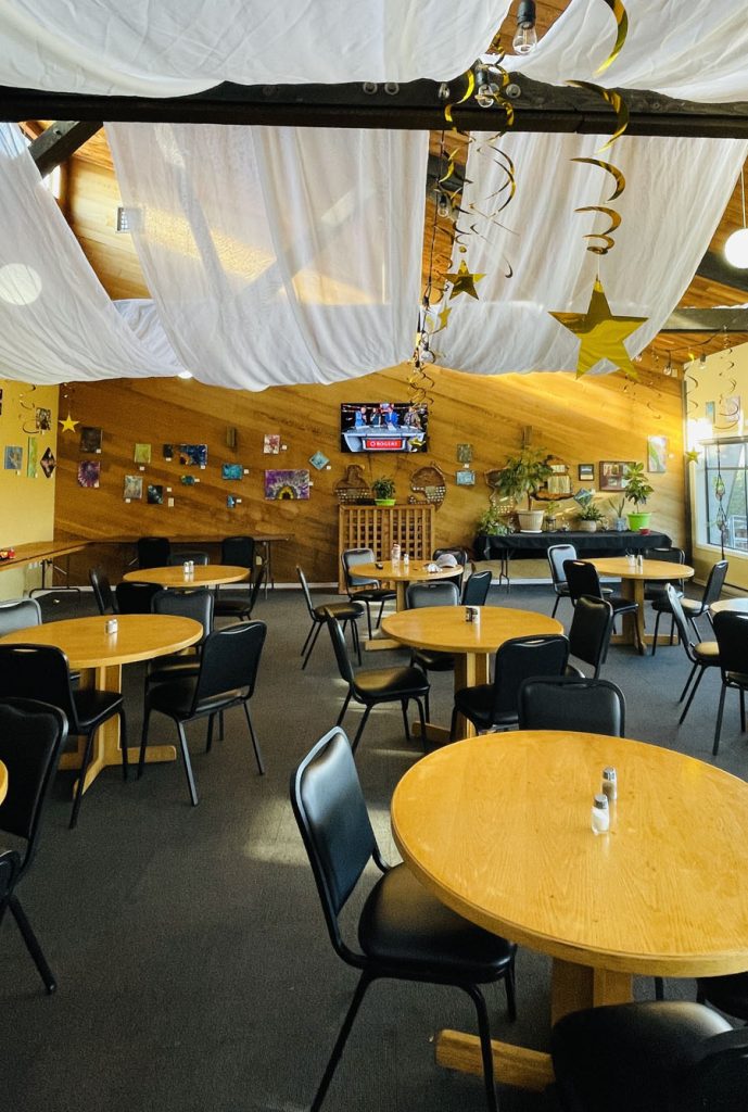 Restaurant set up for a wedding at Seven Hills Golf & Country Club, Northern Vancouver Island