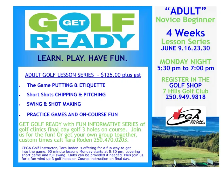 Adult golf lessons June 2025 flyer, at Seven Hills Golf Course Port Hardy