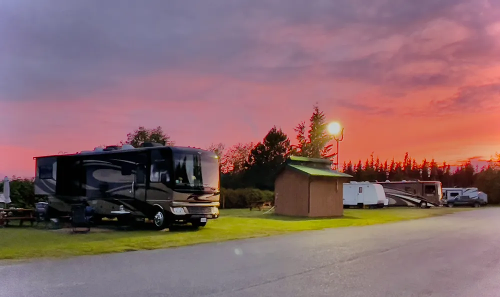 Sunset at the RV Park campground at Seven Hills Golf Course near Port Hardy Vancouver Island